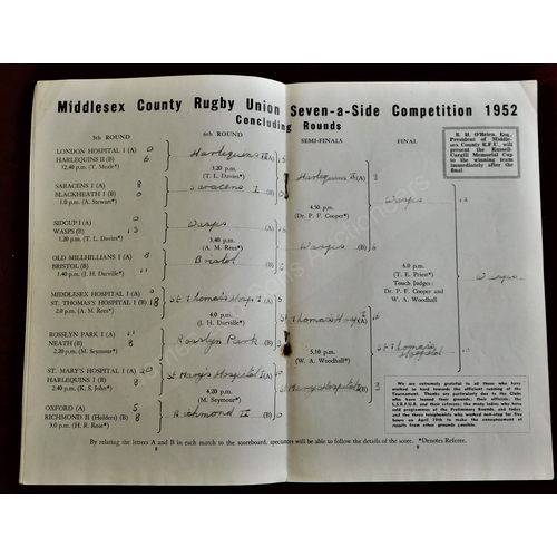 188 - Rugby Union - 1952 Middlesex 7-a-side Final Twickenham. Good condition, rounds, results in neat pen.... 