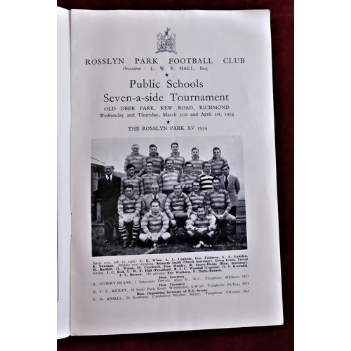 189 - Rugby Union - 1954 Public Schools 7-a-side Programme at Rosslyn Park, good. Round results in neat re... 