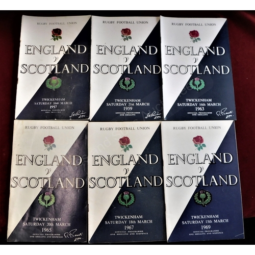 192 - Rugby Union - 1957, '59, '63, '65, '67, '69, England v Scotland, Twickenham. Results neatly penned i... 