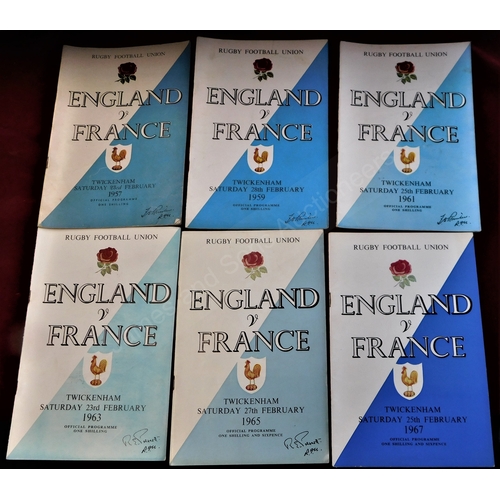 196 - Rugby Union - 1957, '59, '61, '63, '65 & '67, England v France, Twickenham. Results neatly penned in... 