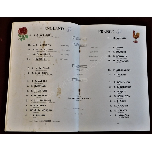 196 - Rugby Union - 1957, '59, '61, '63, '65 & '67, England v France, Twickenham. Results neatly penned in... 