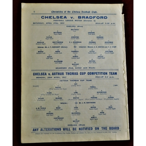2 - Chelsea v Bradford Park Avenue 27th April 1912 Programme. Also covers Chelsea v Arthur Thomas Cup Te... 