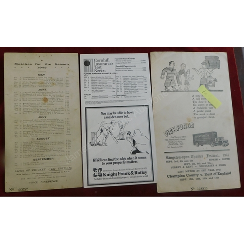 205 - A collection 3 Cricket Scorecards - England v Australia at Lords 14th July 1945. Red Cross and Chari... 