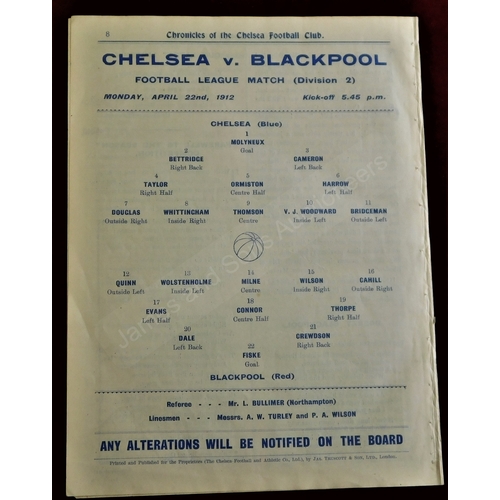 3 - Chelsea v Blackpool 22nd April 1912 Programme. Ex Bound volume. Good.