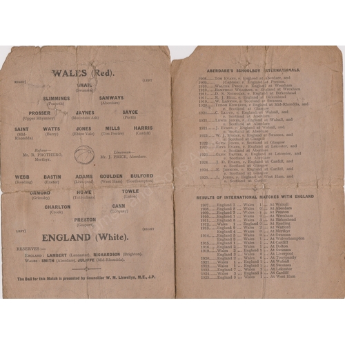 43 - Aberdare - Wales v England Schools 17th April 1926 at Aberdare (then a League Club). Somewhat worn. ... 