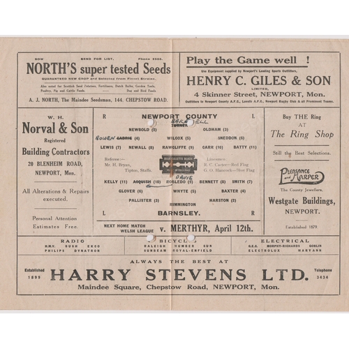 54 - Newport County v Barnsley 7th April 1947 programme. Punch holes with minimal text loss.
