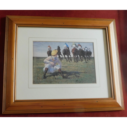 225 - Horse Racing framed print, depicts a jockey who has fallen off his horse mid-race. By M Couillard, f... 