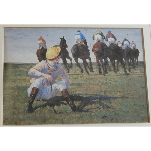 225 - Horse Racing framed print, depicts a jockey who has fallen off his horse mid-race. By M Couillard, f... 