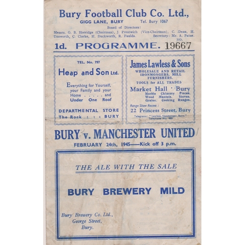 257 - Bury home (4 page) programme v Manchester United War Cup from season 1944/45 (24/2). Folds with scor... 