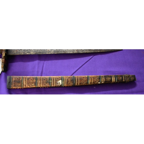 71 - African Tribal daggers, two ornate tribal with etching down the blades with red and green patterns. ... 