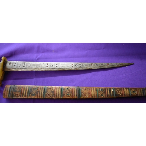 71 - African Tribal daggers, two ornate tribal with etching down the blades with red and green patterns. ... 