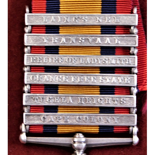 12 - British Queen's South Africa Medal with six clasps including 'Laing's Nek', 'Transvaal', 'Relief of ... 