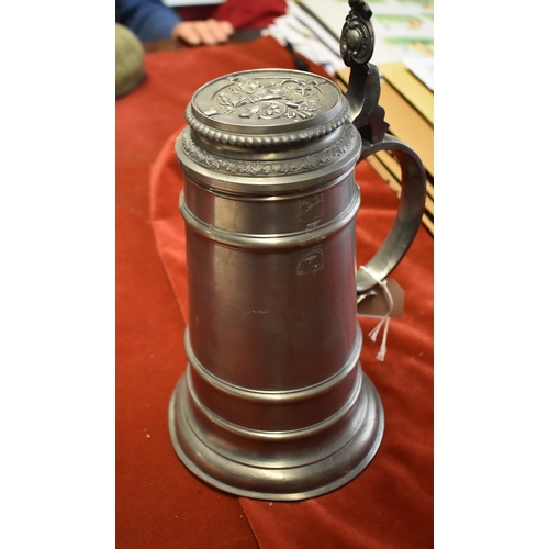 314 - Pewter Stein Tankard - patterned Lid-22cm tall, very good condition