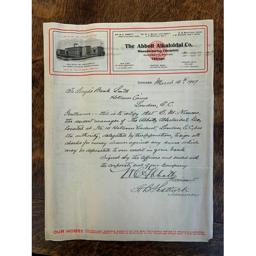 435 - The Abott Alkalodal Co. - 1907  Manufacturing chemists, Chicago.  1907 letter-headed certificate to ... 