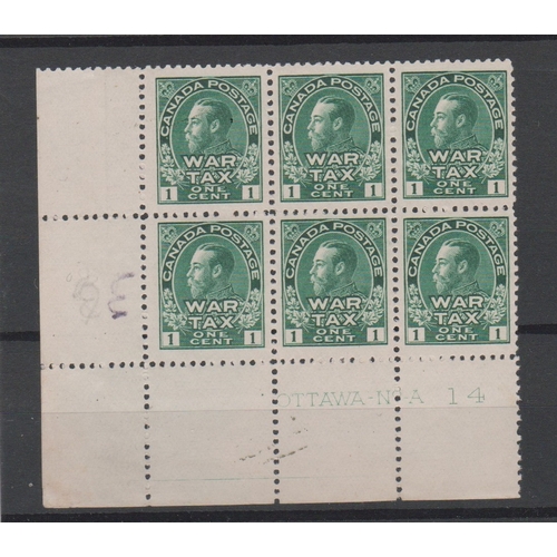 120 - Canada 1915 -  1c green ' War Tax' control NA14 block of (6) SG228 u/m scarce