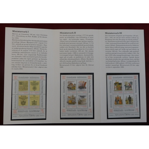 172 - Denmark 1985-87 - Hafnia '87 Int Stamp Exhibition, Danish post folder with u/m miniature sheets 1-3 ... 