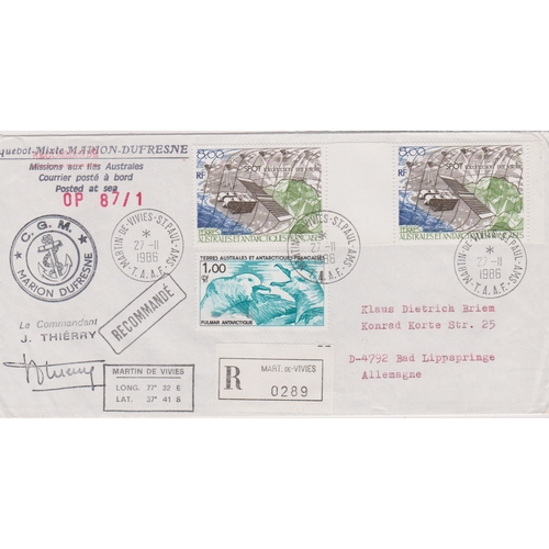 241 - French Antarctic Territories 1986 - Envelope posted registered and posted at sea on ship 'Marion Duf... 