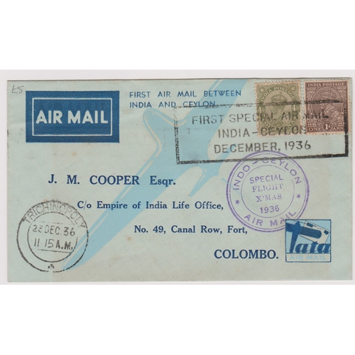 363 - India 1936 - Illustrated air mail envelope for 1st air mail between India and Ceylon, cancelled with... 