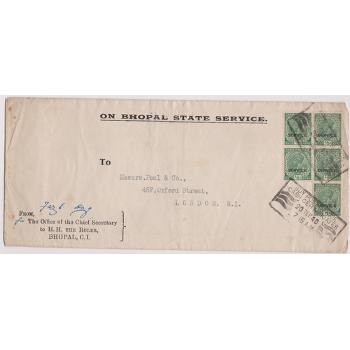 365 - India 1940 - On Bhopal State Service envelope posted to London, cancelled 20.9.40 with buy post offi... 