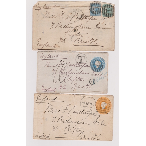 366 - India 1882-83 - prepaid envelopes (3) posted to Clifton Briston Postal Rates cancelled with dumb I s... 