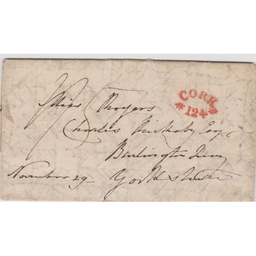385 - Ireland 1827 - EL posted to Yorkshire dated Nov 29th, red Cork 124 cancel, red Mid Day Mail/3DE/1827... 