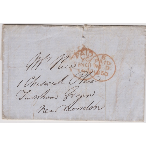 386 - Ireland 1850 - EL dated Nov 9th 1850 Dublin posted to Turnham Green, single ring 8/Paid/No9/1850 and... 