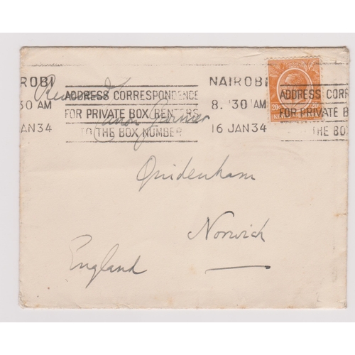 436 - Kenya, Uganda, Tanganyika 1934 env Nairobi to Norfolk 20c KUT adhesive Nairobi box number slogan