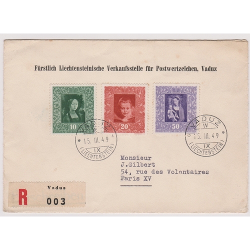 456 - Leichtenstein 1949 - Envelope posted registered to Paris, cancelled 15.3.49 Vaduz on SG269-270 and 2... 