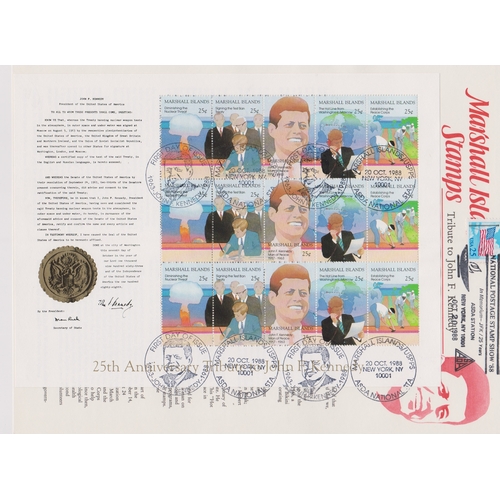 478 - Marshall Idlands 1988 - 25th Anniversary of J.F.K assassination, 3 descriptive sheets stamped Nation... 