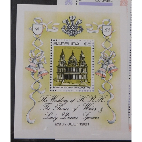 49 - Barbuda 1981 - Royal Wedding 1st issue, SGMS571 u/m miniature sheet, SG565-570 u/m set on 3x souveni... 