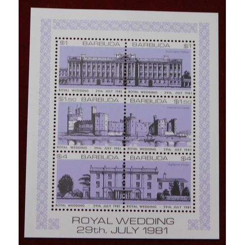 49 - Barbuda 1981 - Royal Wedding 1st issue, SGMS571 u/m miniature sheet, SG565-570 u/m set on 3x souveni... 