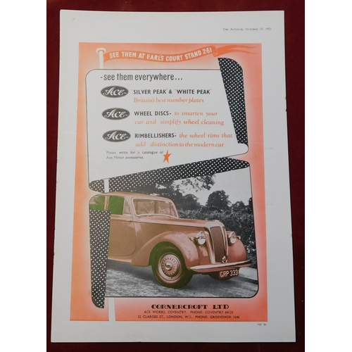628 - Cornercraft Limited 1951 - Full page colour advertisement, number plates, wheel discs, wheel rims, E... 