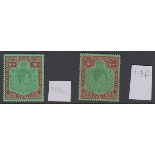 64 - Bermuda 1938 - 1953 - 10/- SG119c (Cat £70) and 119f (Cat £40), 9both mint (2)