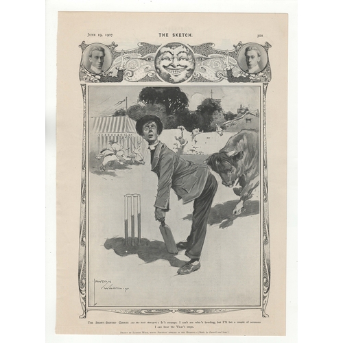 641 - Cricket Comic Print 1907-full page by Lawson Wood advertisement-Short Sighted Cricketer about to be ... 