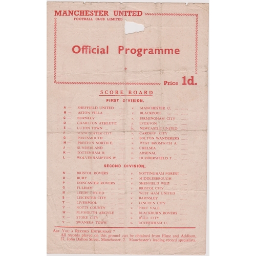 221 - Single sheet programme Manchester United Reserves v Sheffield United Reserves 10th September 1955. P... 