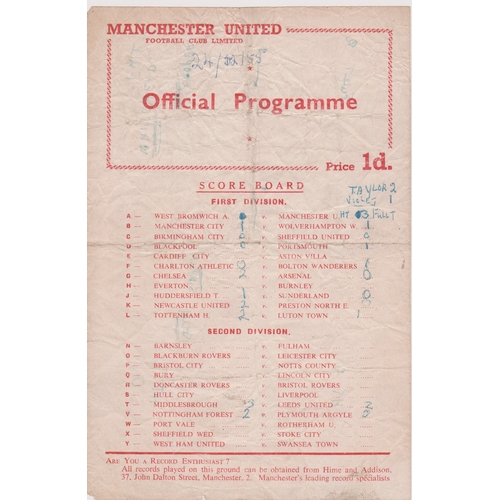 226 - Single sheet programme Manchester United Reserves v Newcastle United Reserves 24th December 1955. Sc... 