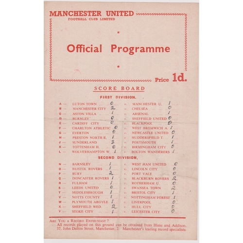 230 - Single sheet programme Manchester United Reserves v Leeds United Reserves 11th February 1956. Scorer... 