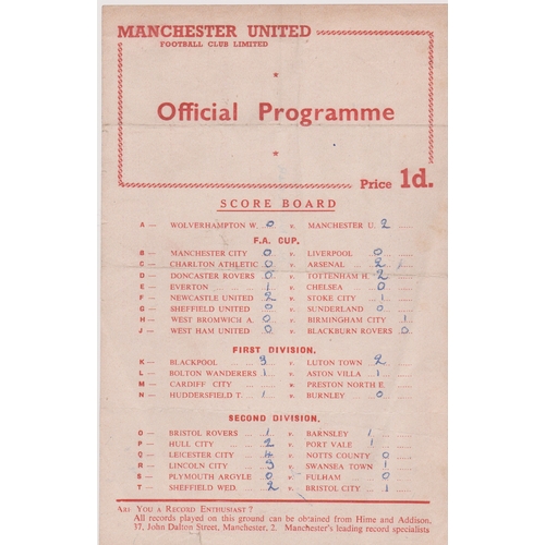 231 - Single sheet programme Manchester United Reserves v Sheffield Wednesday Reserves 18th February 1956.... 