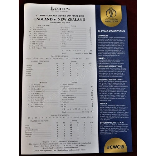 300 - Fully completed printed scorecard from the England v New Zealand ICC World Cup Final at Lord's 14th ... 