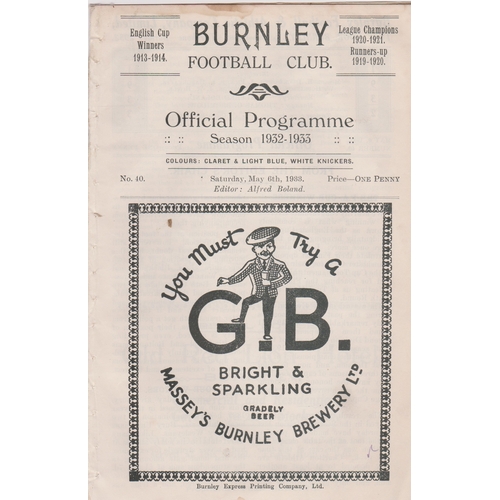 388 - Programme Burnley v Bury May 6th 1933. Ex Bound Volume. No writing. Some staining. Fair to generally... 