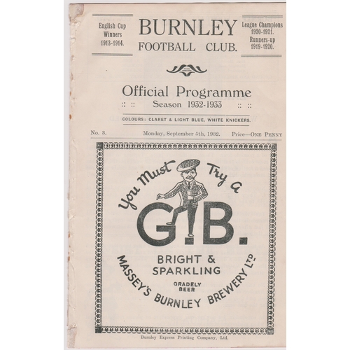 393 - Programme Burnley v Preston North End September 5th 1932. Ex Bound Volume. No writing. Generally goo... 