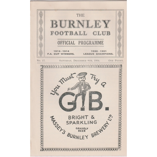 396 - Programme Burnley v Plymouth Argyle December 8th 1934. Ex Bound Volume. Generally good