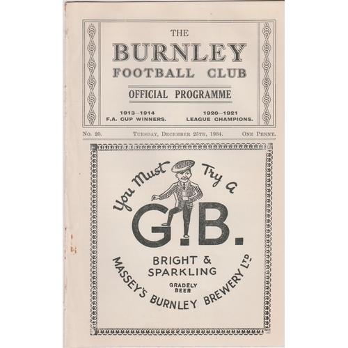 398 - Programme Burnley v Bolton Wanderers December 25th 1934. Ex Bound Volume. Generally good