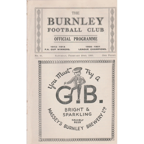 400 - Programme Burnley v Swansea Town February 23rd 1935. Ex Bound Volume. No writing. Generally good