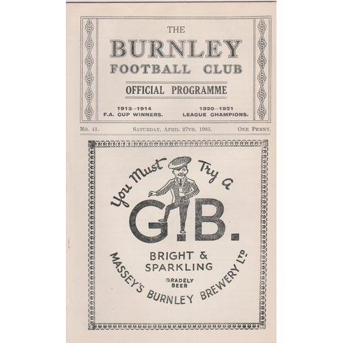 402 - Programme Burnley v Norwich City April 27th 1935. Ex Bound Volume. No writing. Generally good