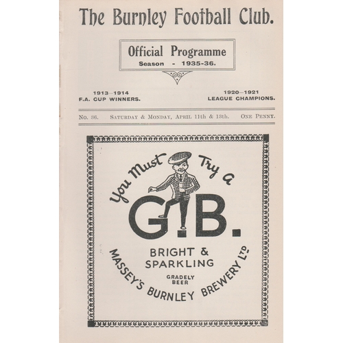 404 - Programme Burnley v Norwich City April 11th 1936. Also covers the match with Derby County Reserves o... 