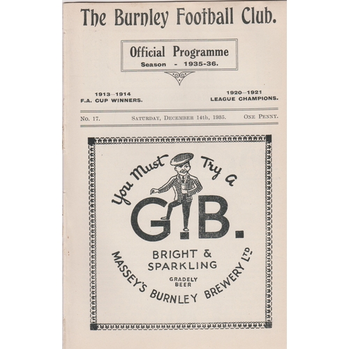 406 - Programme Burnley v Bury December 14th 1935. Ex Bound Volume. No writing. Generally good