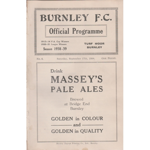 409 - Programme Burnley v West Bromwich Albion September 17th 1938. Ex Bound Volume. No writing. Generally... 