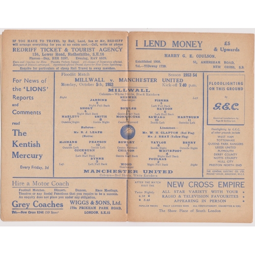 41 - Programmes for 2 Millwall v Manchester United friendlies 2nd May 1953 (4 Page. Score, scorers and te... 