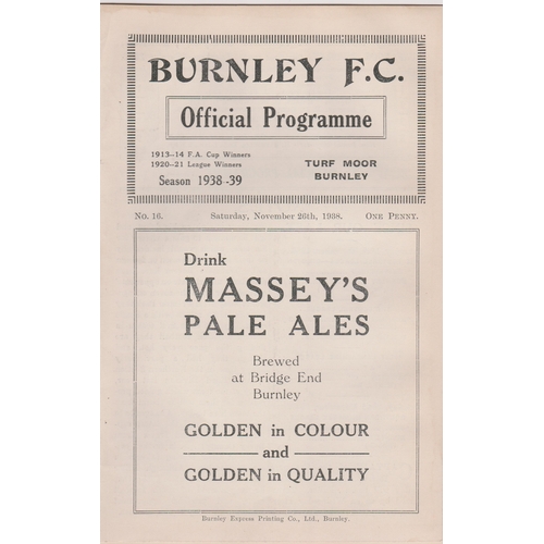 410 - Programme Burnley v Tranmere Rovers November 26th 1938. Ex Bound Volume. No writing. Generally good